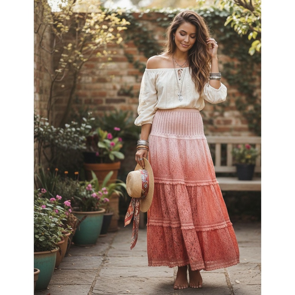 Lace Tiered Maxi Skirt Women's‎ Small Boho Gypsy Ombre Pink Romantic Western